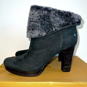 Ugg Dandylion suede black boots with grey fur